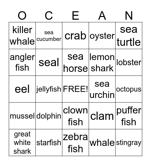 Sea animal Bingo Card