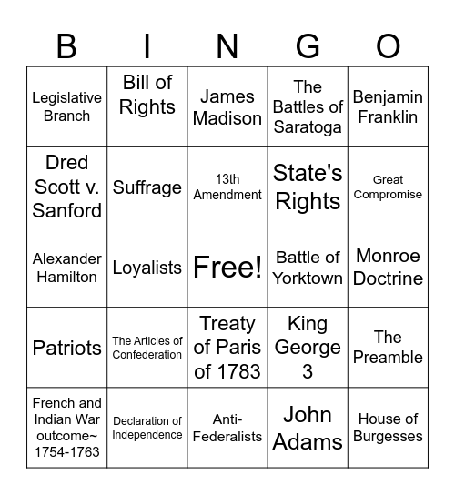 US History Bingo Card