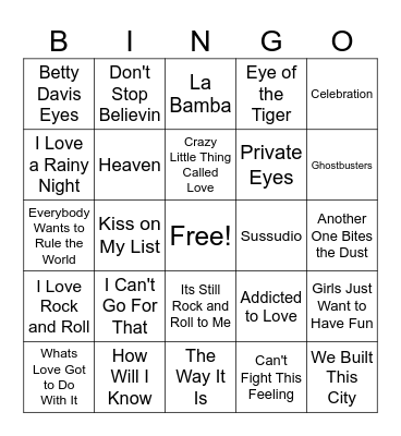 Totally Rad 80s Bingo Card