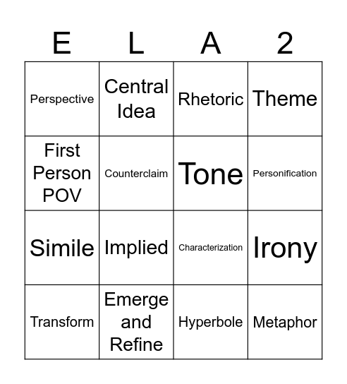 ELA 2 Terms Bingo Card