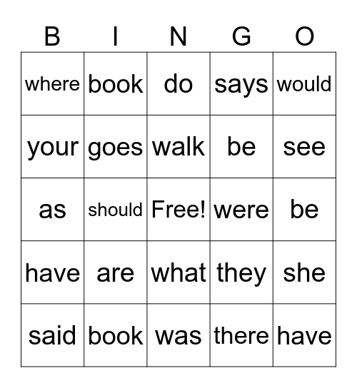 Heart Words 34 Bingo Card