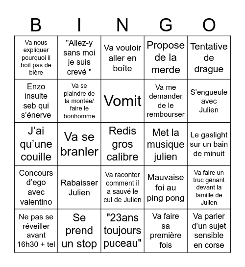 Seb Corse Bingo Card