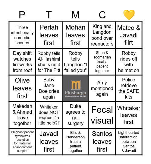 The Pitt Season 2 Finale Bingo Card