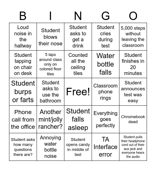 State Testing Bingo Card