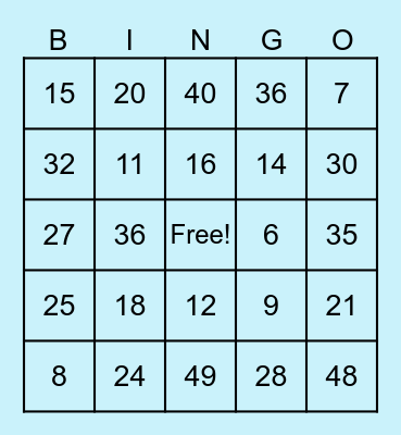 Multiplication Bingo Card