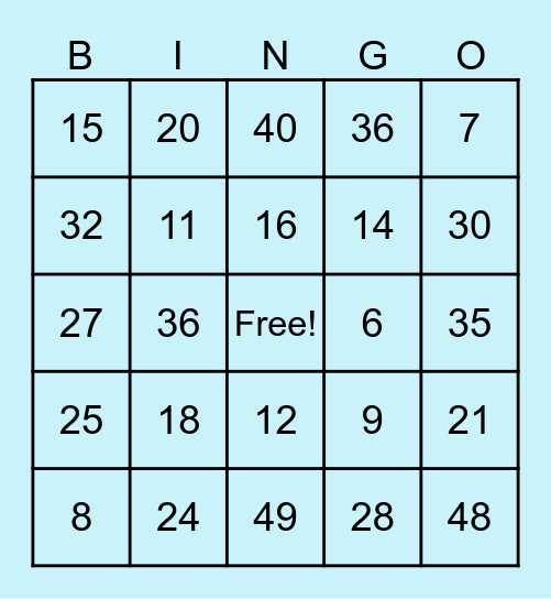 Multiplication Bingo Card