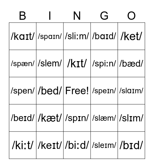long and shprt a,e,i Bingo Card