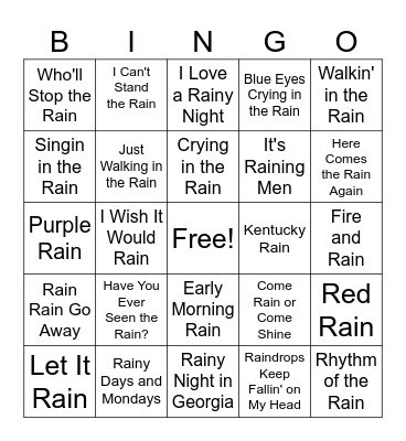 Rain Songs Bingo Card