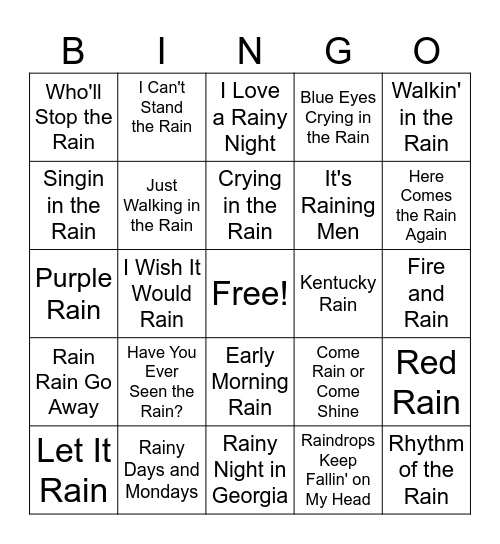 Rain Songs Bingo Card