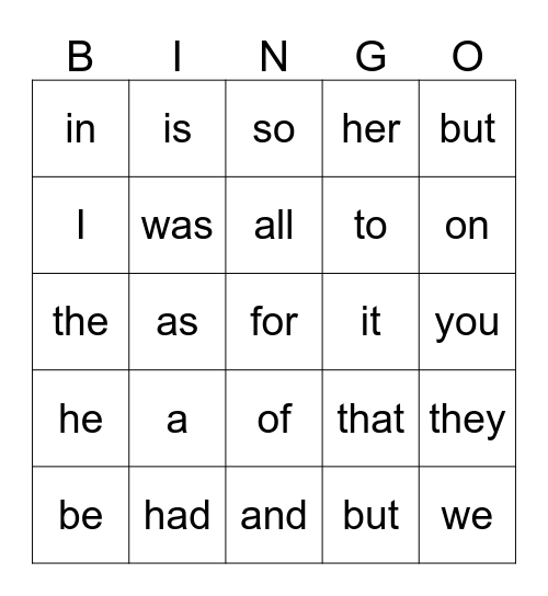 100 Magic Words Bingo Card