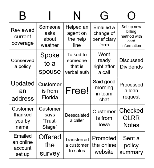 Monday Funday BINGO Card