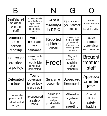 Lab Week Leadership Bingo Card