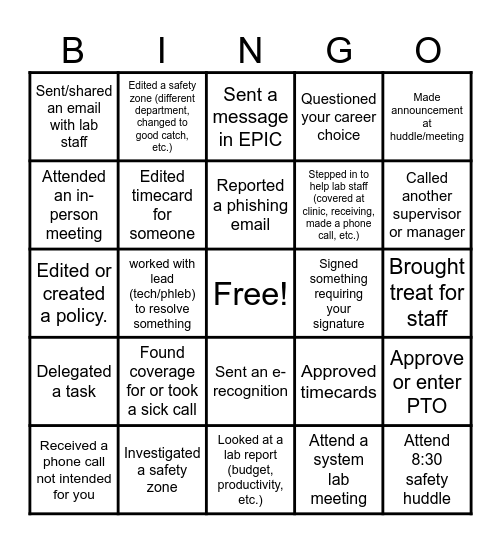 Lab Week Leadership Bingo Card