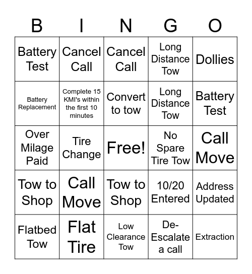 AAA Dispatch Bingo Card