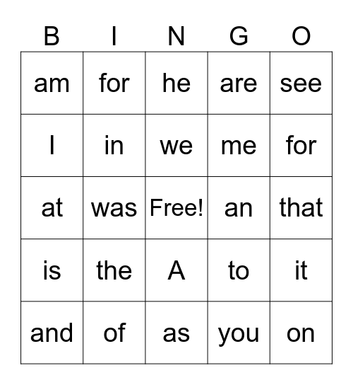 Sight Word Bingo Card