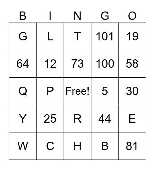 Letters and Numbers Bingo Card