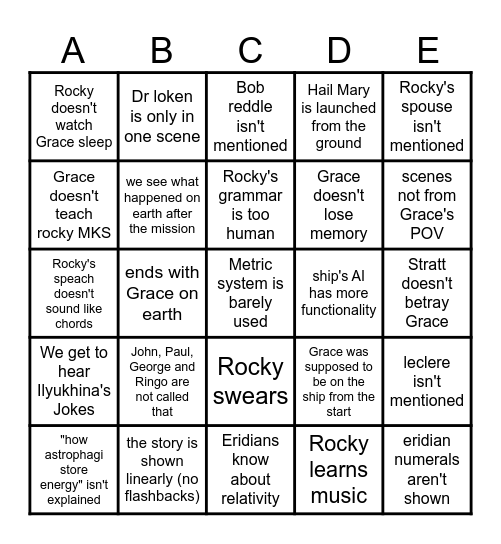 hail mary movie VS book Bingo Card
