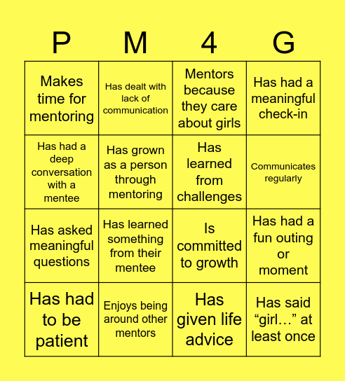 Mentor Bingo Card