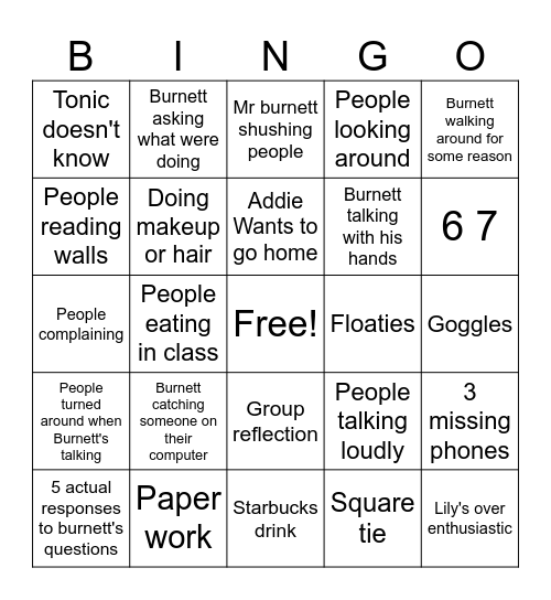 Period 3 Burnett Bingo Card