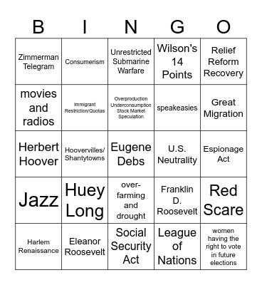 WWI, Roaring 20s, Great Depression/New Deal Bingo Card