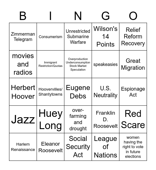 WWI, Roaring 20s, Great Depression/New Deal Bingo Card