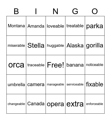 ending a, suffix -able Bingo Card