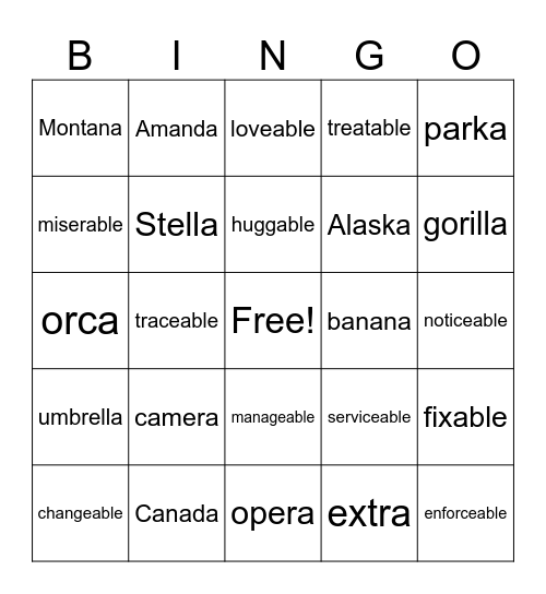 ending a, suffix -able Bingo Card