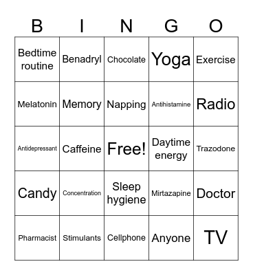Sleep Hygiene Bingo Card