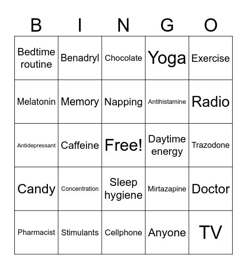 Sleep Hygiene Bingo Card