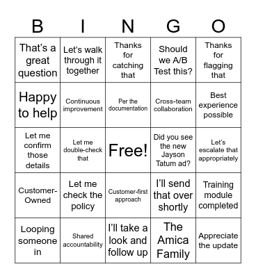 Things you might hear at Amica… Bingo Card
