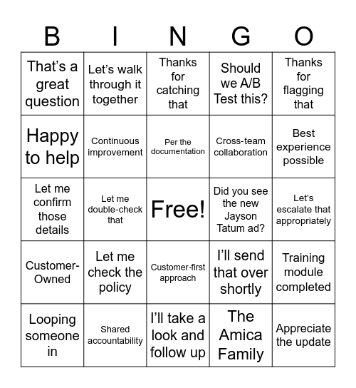 Things you might hear at Amica… Bingo Card