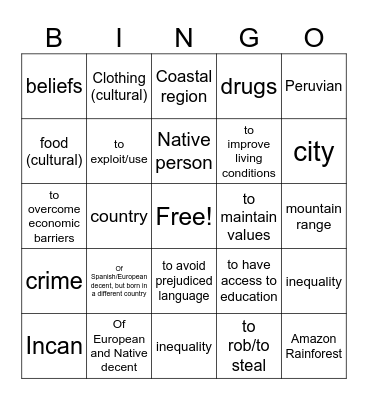 Peru y los Inca Bingo Card
