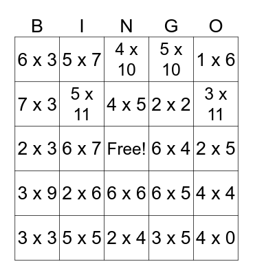 Multiplication Bingo Card