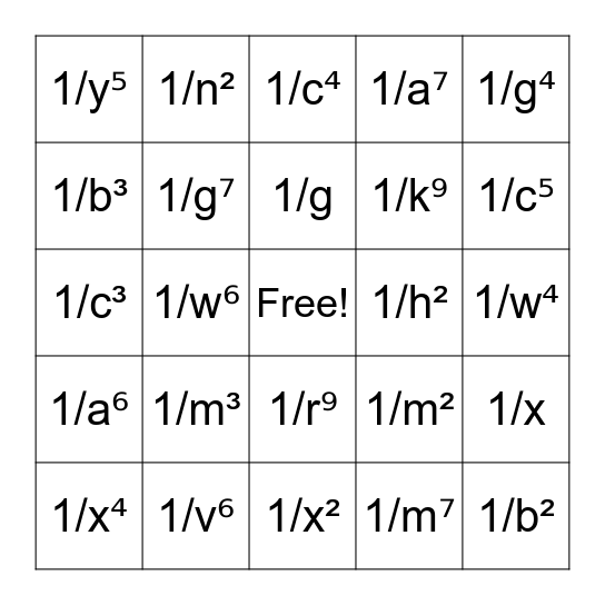 Exponents Bingo Card