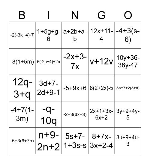 Expressions Bingo Card