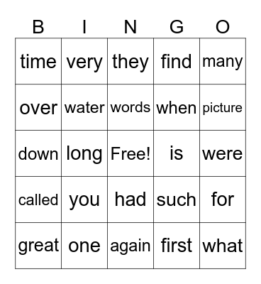 Sight Words BINGO Card