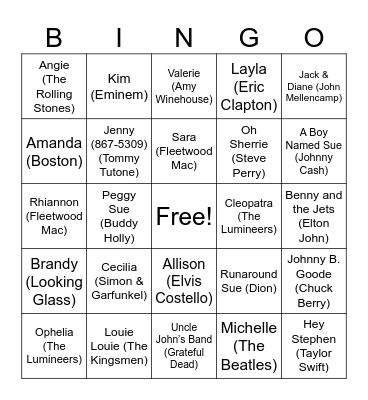 Songs With Names in the Title Bingo Card