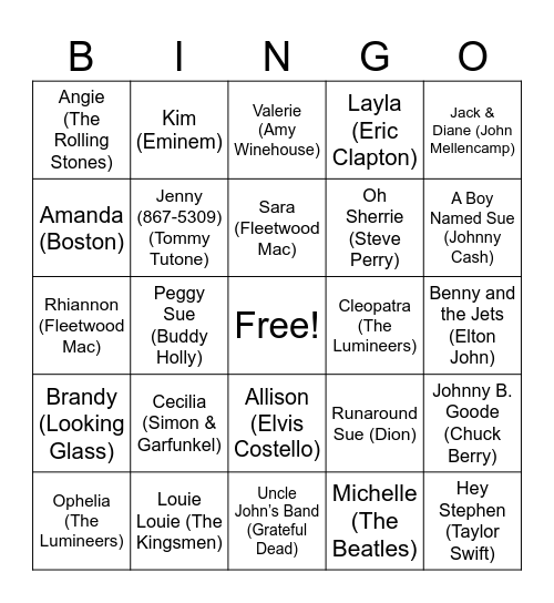 Songs With Names in the Title Bingo Card
