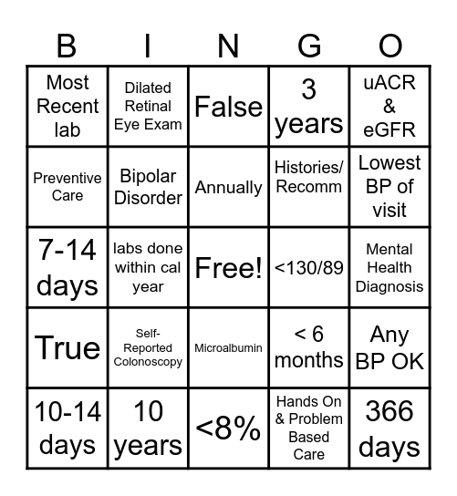 QUALITY BINGO Card
