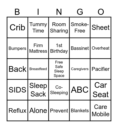 Safe Sleep Bingo Card
