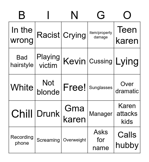 Karen Bingo Card