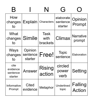Writing Bingo Card