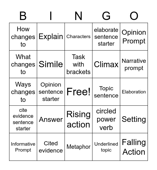 Writing Bingo Card
