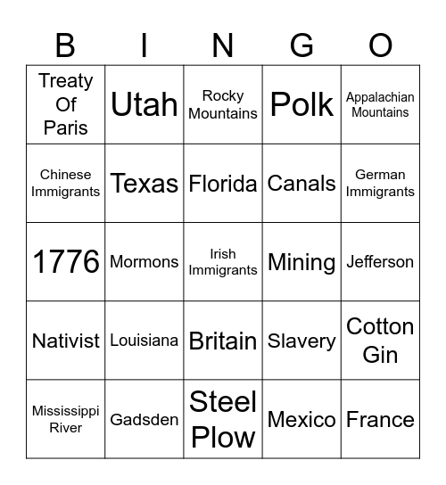 History Bingo Card
