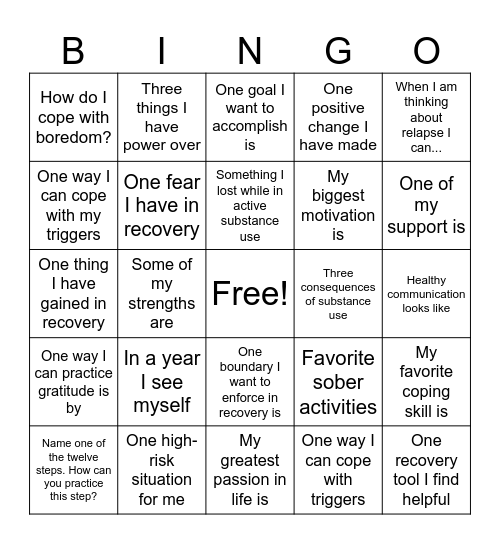 Recovery Bingo Card