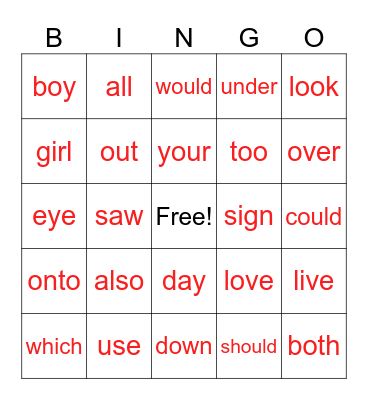 Red Words Bingo-3 Bingo Card