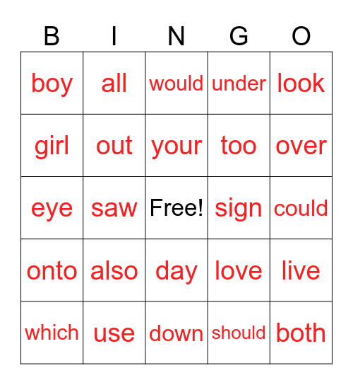 Red Words Bingo-3 Bingo Card