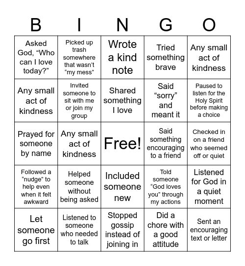 How did I GO - helping, healing, loving with the Spirit’s energy? Bingo Card