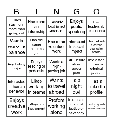 Career Bingo Card