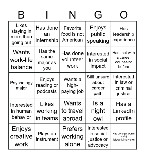 Career Bingo Card
